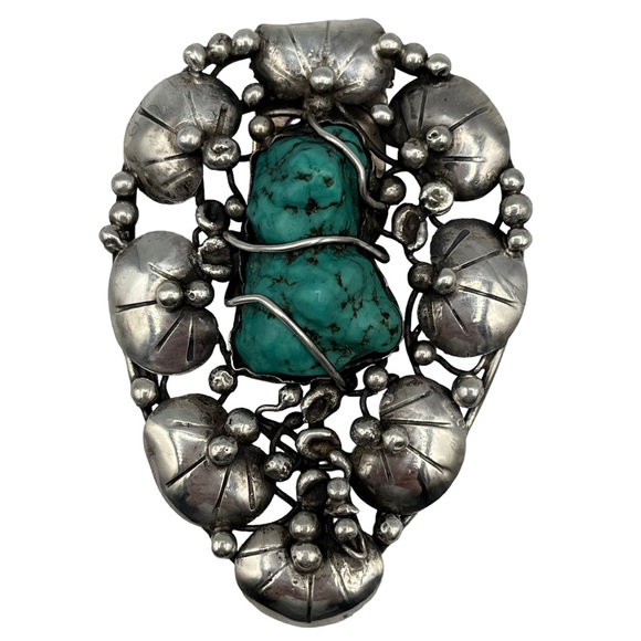 Mary Gage Art Nouveau Sterling Silver Lily Pad w Turquoise Brooch Pin Fur Clip